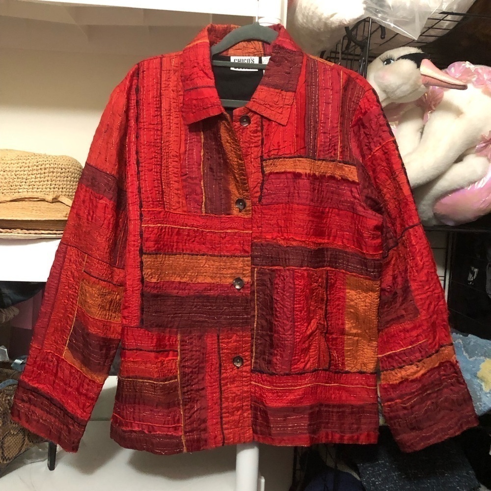 Chico’s Design Multi Red Tones Silk Blend Soft Cotton Lined Vintage Jacket Large - Picture 2 of 8